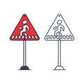 Pedestrian crossing warning sign, red triangle sign with pedestrian crosswalk symbol, vector illustration Royalty Free Stock Photo