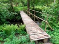 Pedestrian bridge over a stream built of wooden logs with a one-sided railing