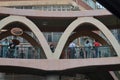 a pedestrian footbridge at the city, hong kong