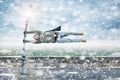 Pedestrian gets blown away in a snowstorm Royalty Free Stock Photo