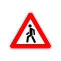 Pedestrian icon on the triangle red and white road sign on white