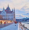 Pedestrian Jozsef Antall Embankment with Parliament building, Budapest, Hungary Royalty Free Stock Photo