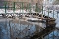 Pedestrian metal bridge with dove railing, snow and bushes are reflected in the calm water surface of the river in the suburbs,