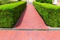 Pedestrian pavement made of red tiles with a drainage grid.