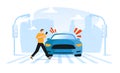 Pedestrian road accident. Man on crossroad look at phone. Green traffic light for cars. Violation vector illustration