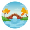 Pedestrian rounded bridge with reflection on water and autumn golden trees in circle Royalty Free Stock Photo