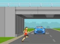 Pedestrian runs in front of the vehicle to cross the road. Car is about to crash the man under an overpass.