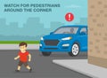 Male kid running onto road. Watch for pedestrians around the corner.