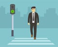 Pedestrian safety. Isolated businessman or manager crossing the street on green light.