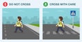 Pedestrian safety rule. Cross only at designated crosswalks. School kid is crossing street on zebra crossing. Royalty Free Stock Photo