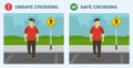 Pedestrian safety rules and tips. Safe and unsafe street crossing. Unplug, remove headphones and stay off phones while crossing. Royalty Free Stock Photo