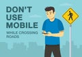Pedestrian safety rules and tips. Young male character using mobile while crossing the road. Close-up view.