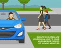 Boy holds an female adult\'s hand when beside parked or moving vehicle. Close-up of car moving reverse in the driveway.