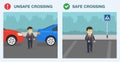 Safe and unsafe crossing. Male school kid crossing the street between parked vehicles or on crosswalk.