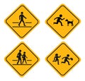 illustration set of school zone street or pedestrian area. pedestrians yellow signs. Royalty Free Stock Photo