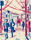 pedestrian street scene Risograph