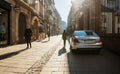 Pedestrian street with few people walking near luxury Mercedes-Benz limousine