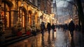 Pedestrian street in old european style with blurry crowd after rain with many luminous Christmas decorations along the shops