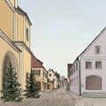 Pedestrian street in old town. Sketch perspective.