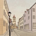 Pedestrian street in old town. Sketch perspective. Royalty Free Stock Photo