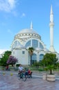 Pedestrian street Rruga Kole Idromeno. Abu Bekr Mosque, or Great Mosque Xhamia ÃÆ Madhe, Shkoder, Albania Royalty Free Stock Photo