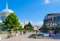 Pedestrian street Rruga Kole Idromeno. Abu Bekr Mosque Xhamia e Madhe, Hotel Colosseo, Shkoder, Albania Royalty Free Stock Photo