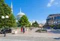 Pedestrian street Rruga Kole Idromeno. Mosque Xhamia e Madhe, Hotel Colosseo, Shkoder, Albania Royalty Free Stock Photo