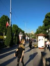 Pedestrian street in Tbilisi.May sunny day. Blue cloudless sky