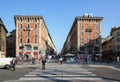 Pedestrian street Via Dante with buildings of 19th century as viewed from Largo Cairoli square. Milan, Italy Royalty Free Stock Photo