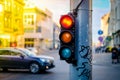 Pedestrian traffic light on the street junction in the city, red light. Selective focus Royalty Free Stock Photo