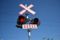 Pedestrian transit train crossing with warning lights Royalty Free Stock Photo