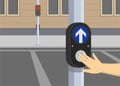 Pedestrian walk traffic light switch. Hand pushing button.