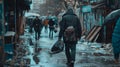 A man walks down a rainy street with a bag in the citys darkness Royalty Free Stock Photo