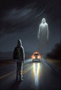 A pedestrian walks along a freeway at night towards a bus, a ghost warning of danger. AI Generated