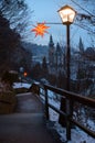 Pedestrian walkway to the fortress hohensalzburg with festive la Royalty Free Stock Photo