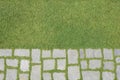 Pedestrian zone adorned with a vibrant green lawn, interspersed with irregularly shaped stone blocks Royalty Free Stock Photo