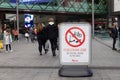 Pedestrian zone sign. Table with sign prohibiting riding scooters, bicycles, carts, monowheels and segway