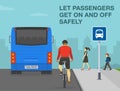 Pedestrians getting on the bus. Let passengers get on and off safely. Male cyclist is approaching the bus stop.