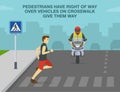 Pedestrians have right of way over vehicles on crosswalk, give them way. Male character running on crosswalk in front of a bike.
