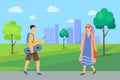 Man and Woman Going in Park, Pedestrians Vector Royalty Free Stock Photo