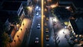 Pedestrians on the street, cars on the road. City top view, night scene.