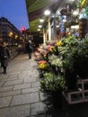 Pedestrians stroll past Paris florist shop on a winter evening Royalty Free Stock Photo