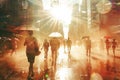 Pedestrians with umbrellas in sunlit city. The struggle with high temperatures during a heatwave