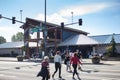 pedestrians use crosswalk at Blue Gate, Washington State Fair entrance