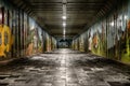 Pedestrians walking in long underpass with graffitti on walls in town Liptovsky Hradok, Slovakia