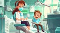 In a pediatric dental office, a little boy sits at a chair with a mirror for a checkup on his teeth and oral cavity Royalty Free Stock Photo