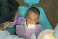 Pediatric dentist examining a little boys teeth in the dentists chair at the dental clinic. A child with a dentist in a dental Royalty Free Stock Photo