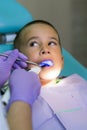 Pediatric dentist examining a little boys teeth in the dentists chair at the dental clinic. A child with a dentist in a dental Royalty Free Stock Photo