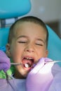 Pediatric dentist examining a little boys teeth in the dentists chair at the dental clinic. A child with a dentist in a dental Royalty Free Stock Photo