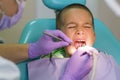 Pediatric dentist examining a little boys teeth in the dentists chair at the dental clinic. A child with a dentist. The process of Royalty Free Stock Photo